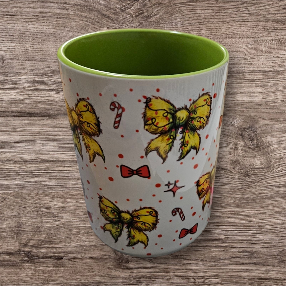 Festive Bow and Candy Cane Mug - Green Interior